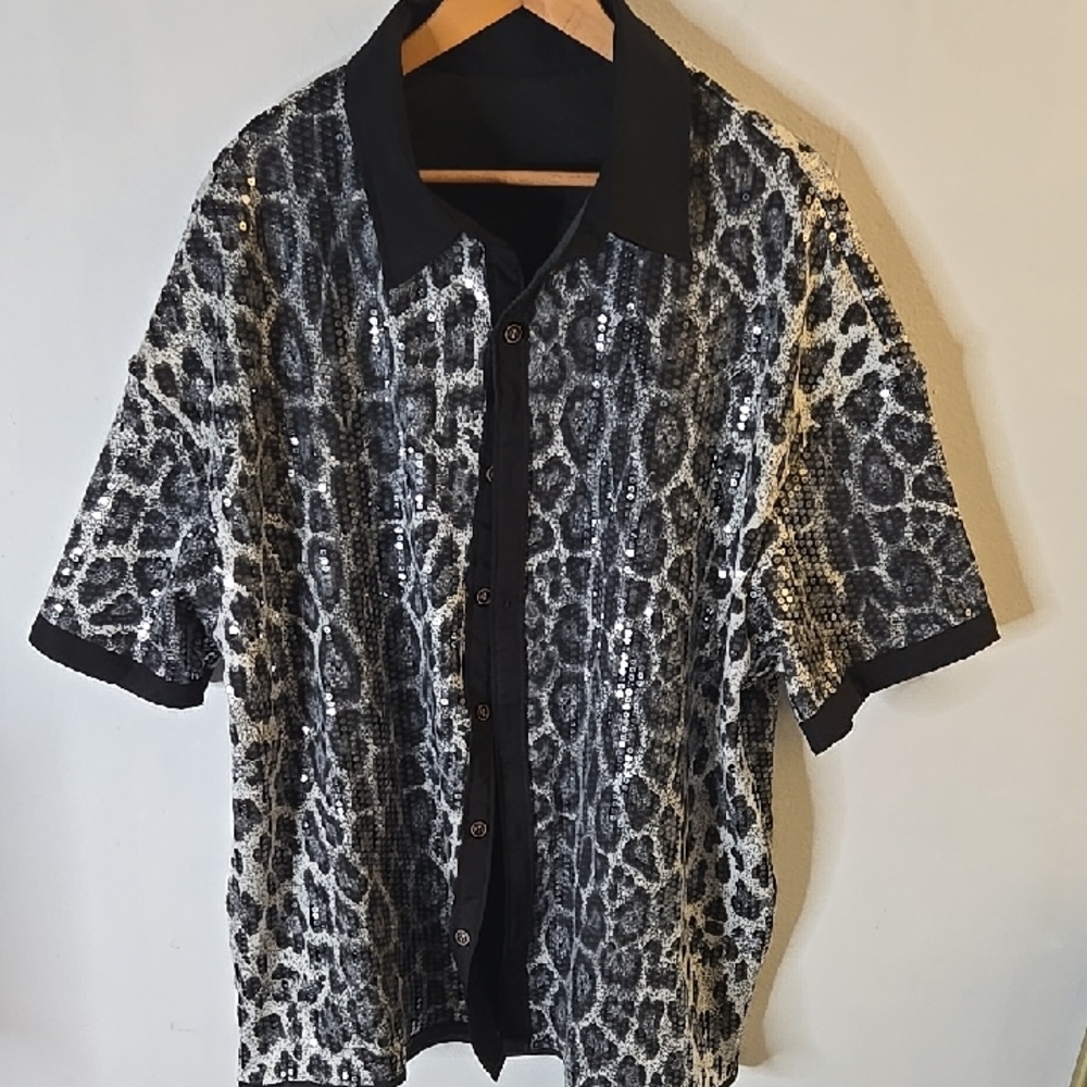 Men's Black & Silver Sequin Leopard Print Short-Sleeve Jacket